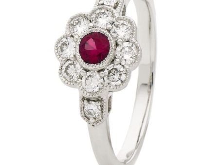 18ct White Gold Ruby Deco Cluster Ring For Cheap