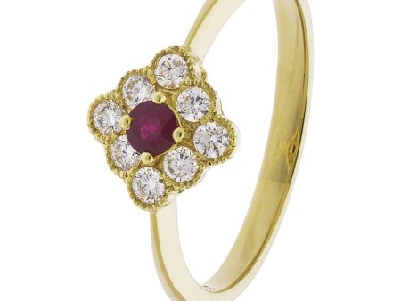 18ct Yellow Gold Ruby and Diamond Deco Cluster Ring For Sale